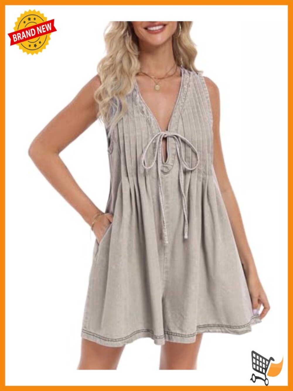 Women's Denim Romper Sleeveless V Neck Tie Front Ruffle Jean Short Overall with